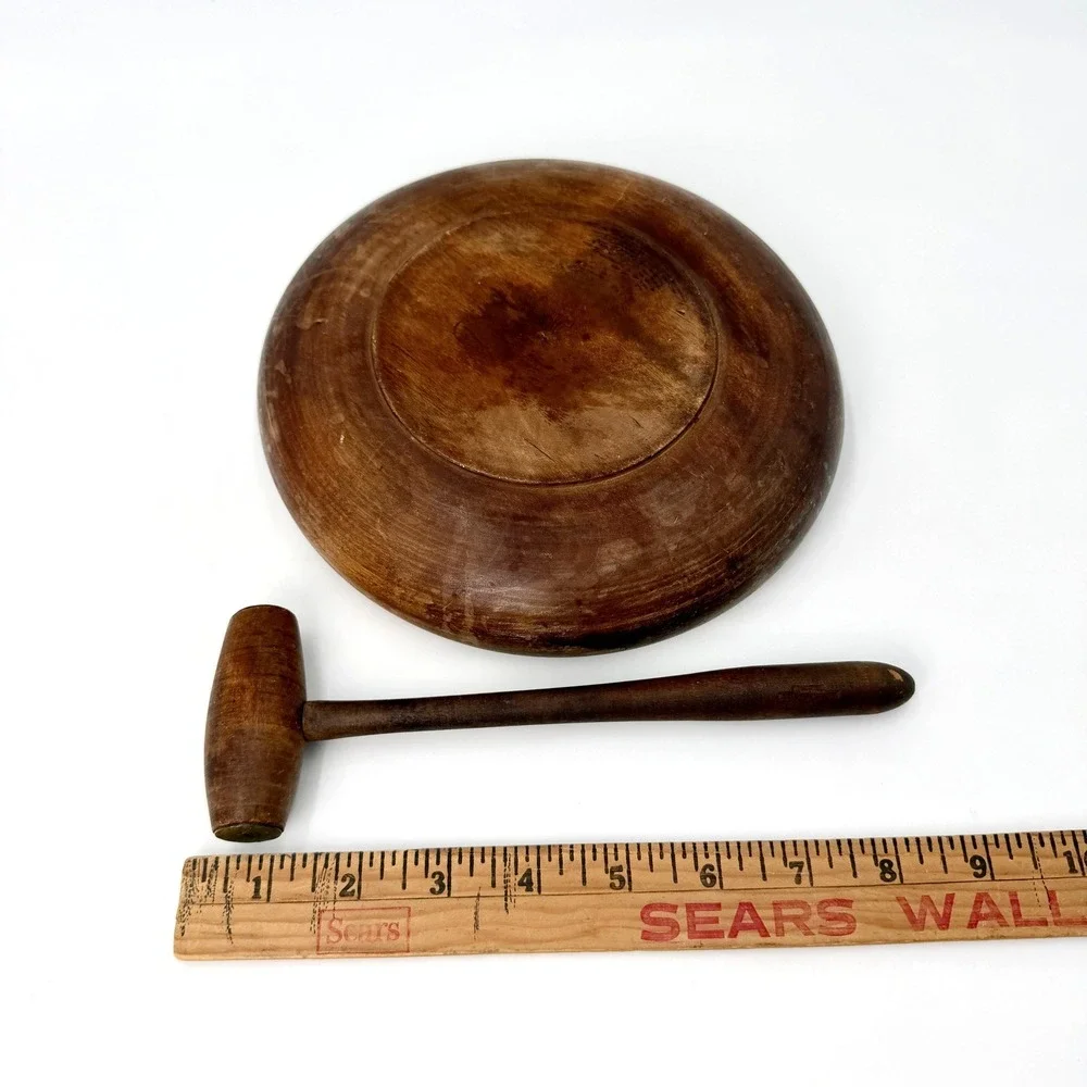 Vintage Mid Century Wood‎ Nut Bowl with Mallet Brass Anvil Center 9 Inch Round